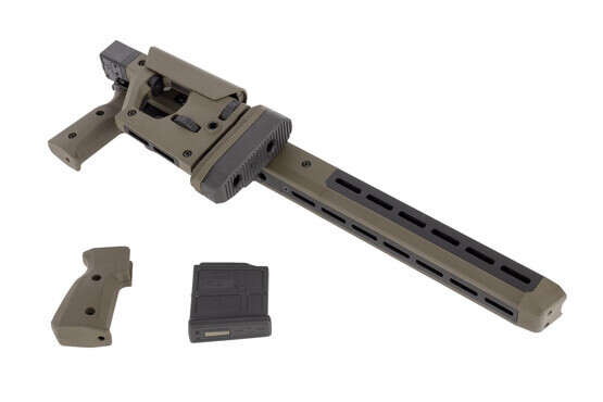 Magpul Pro 700 ODG Remington 700 short action rifle chassis is M-LOK compatible, includes an alternate grip, and a 5 round AICS mag.